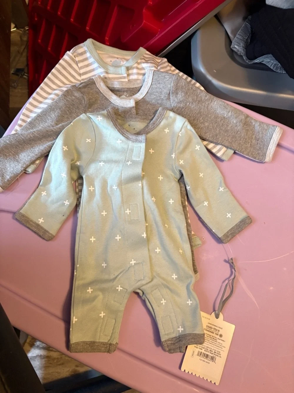 Soft Knit Baby One-Piece in Light Sage with Cross Print 4 pieces